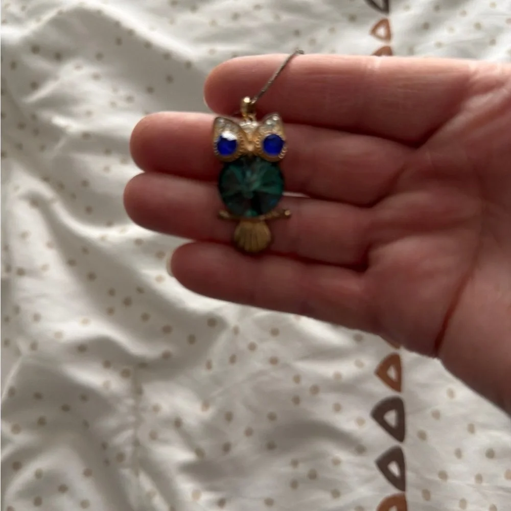 Gold-Tone Owl Pendant Necklace with Green and Blue Stones - Picture 5 of 5
